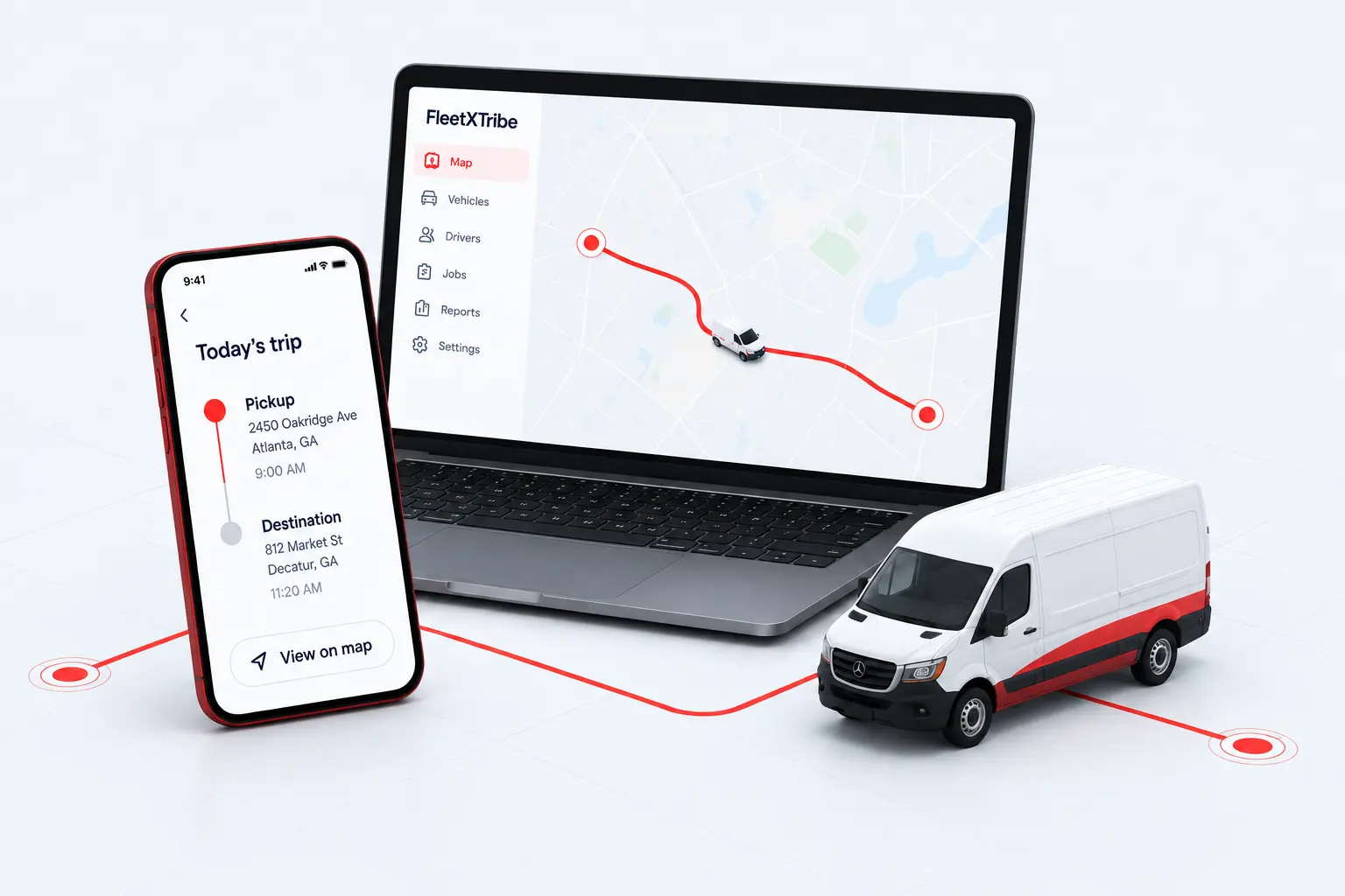 A fleet dashboard on a laptop, a driver trip on a smartphone, and a red-accented delivery van linked by red routes