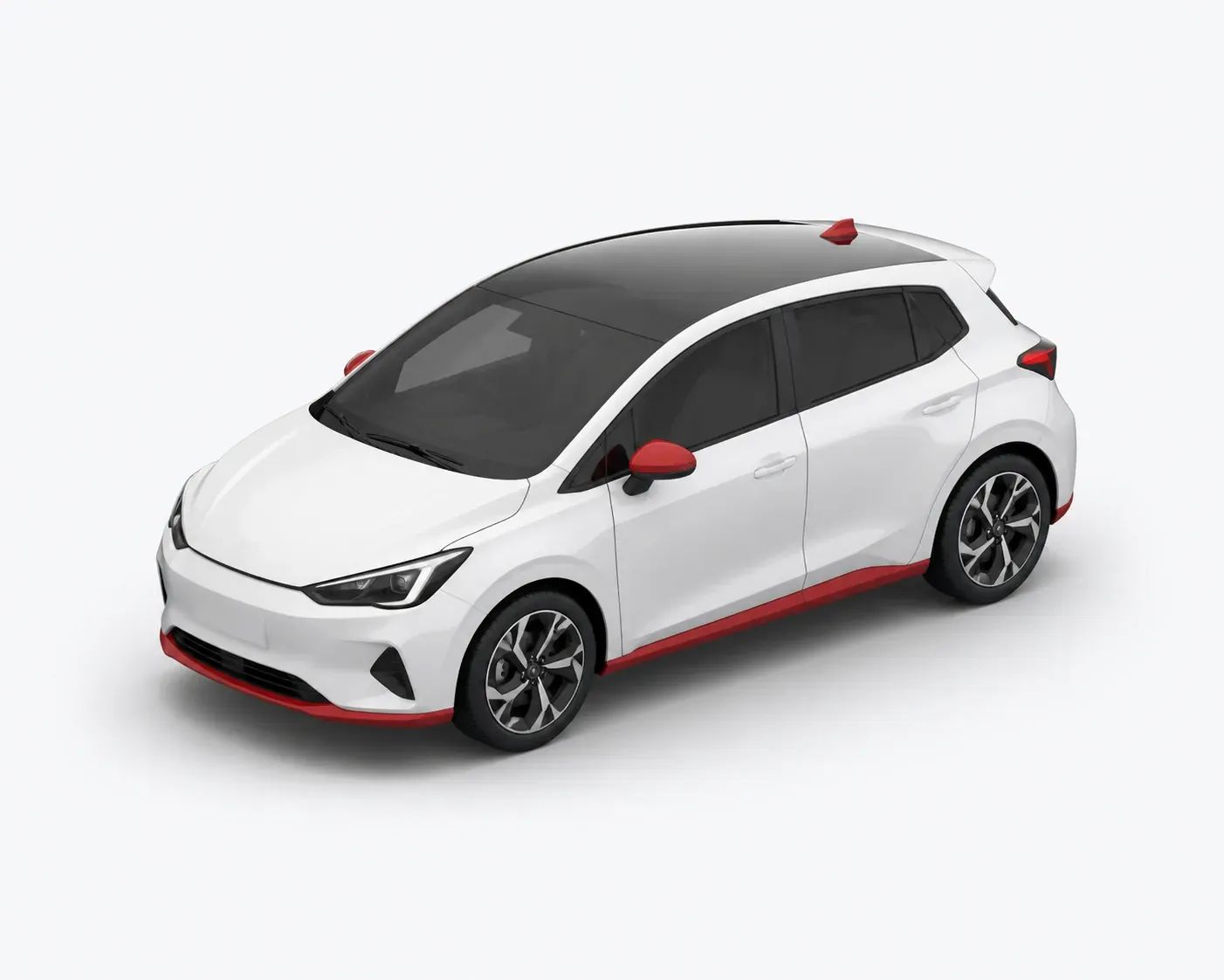 White car-sharing hatchback with red accents