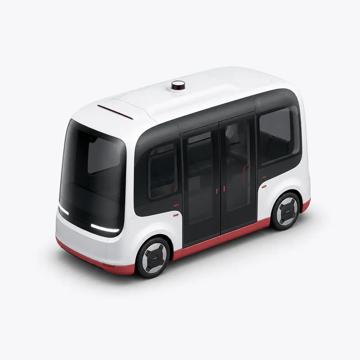 White shared passenger shuttle with red accents