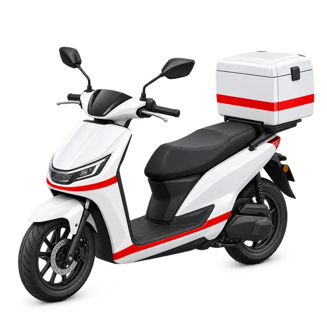 White delivery scooter with red stripes and a cargo box