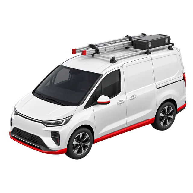 White service van with a red stripe, roof ladder and toolbox