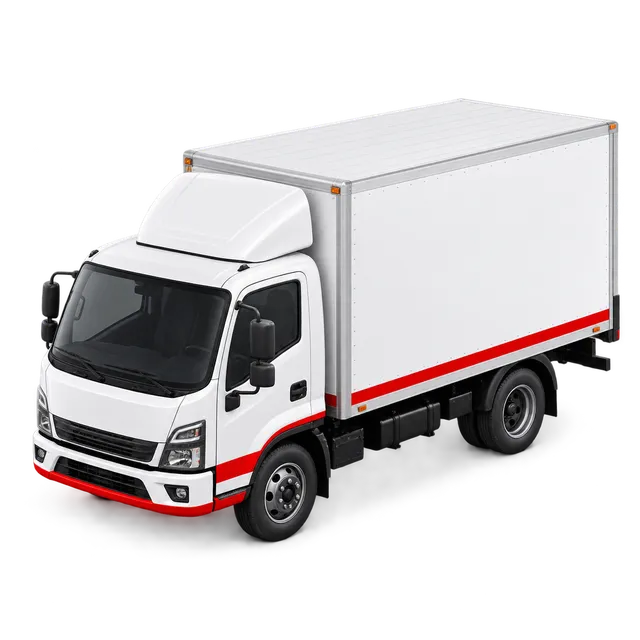 White box truck with a red stripe along the cab and cargo body