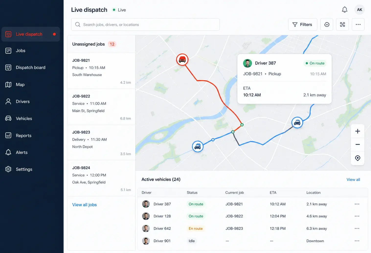 FleetXTribe live dispatch visual showing jobs, routes, vehicles, and status signals for roadside operations