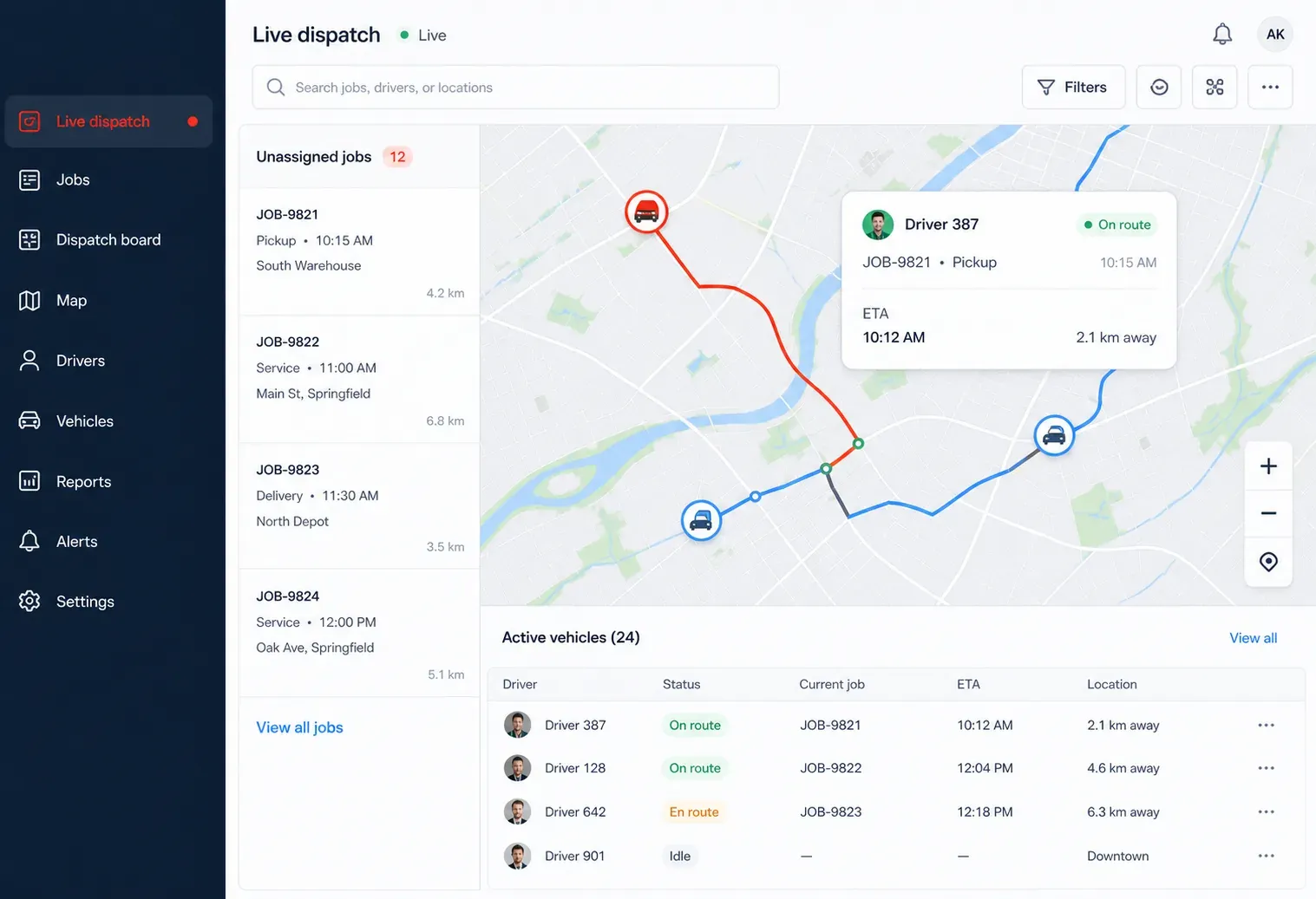 Admin live dispatch dashboard with active jobs, vehicle routes, and driver status